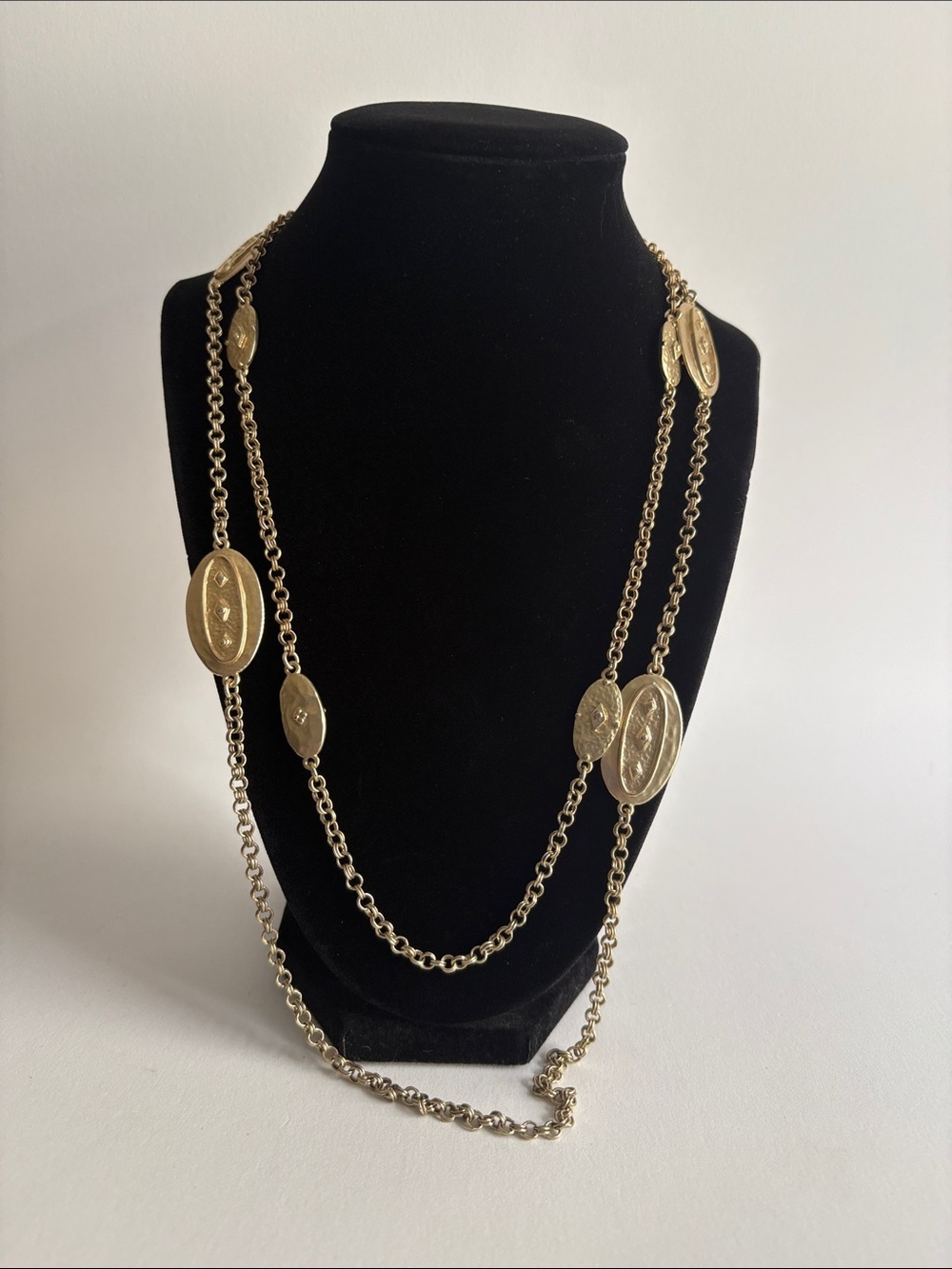 Chico’s Gold Layered Medallion Necklace Long Statement Jewelry